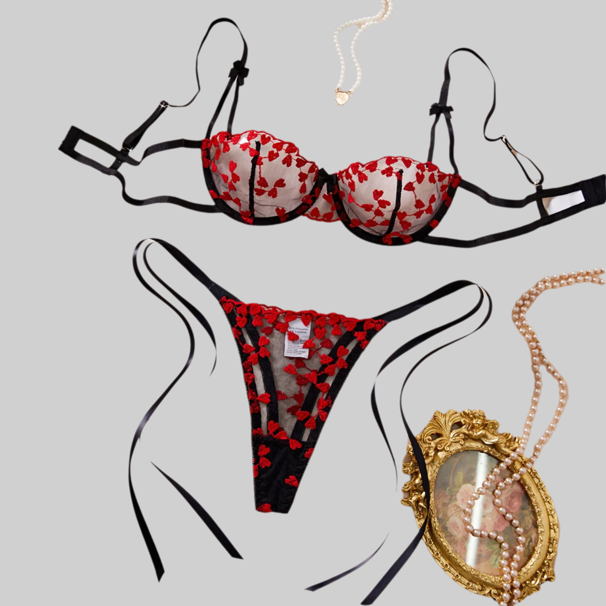 Sheer Mesh Bra - Women Romantic Heart Lingerie Set Sheer